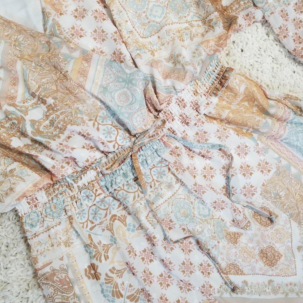 Dress. Aqua Tan Cream Gold. Paisley Floral Print. Peach Love Brand. Size L. NWT. - Picture 11 of 13